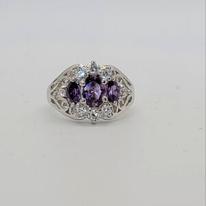 925 Sterling Silver White Gold Plated ring Simulated Amethyst size 6.75